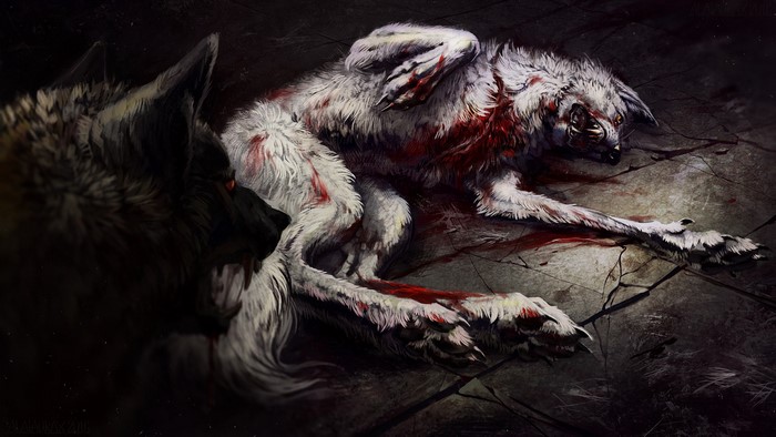 Two wolves, one injured and covered in blood