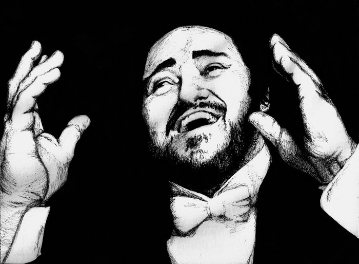 Luciano Pavarotti singing with hands raised