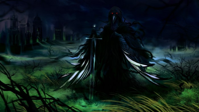 Dark figure with sword in a gothic landscape