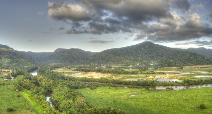 Barron River valley with mountains and clouds in Queensland, Australia