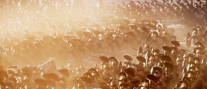 Soldiers in formation with helmets and shields