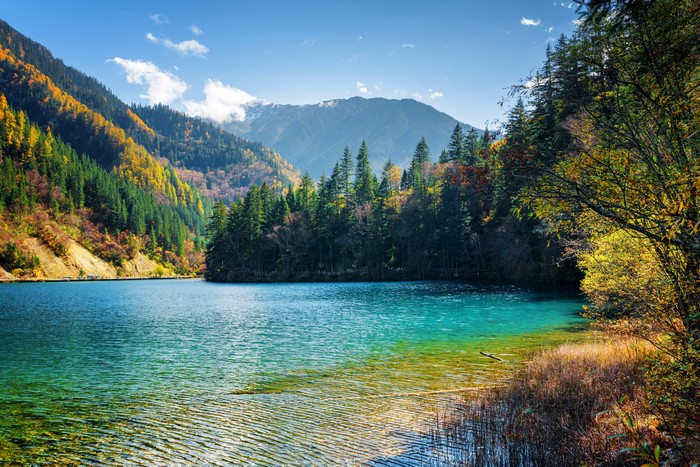 Jiuzhaigou Park Lake with Autumn Mountains and Forests, China