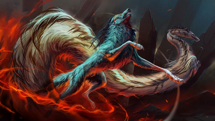 Mythical wolf-like creature with multiple tails surrounded by fire