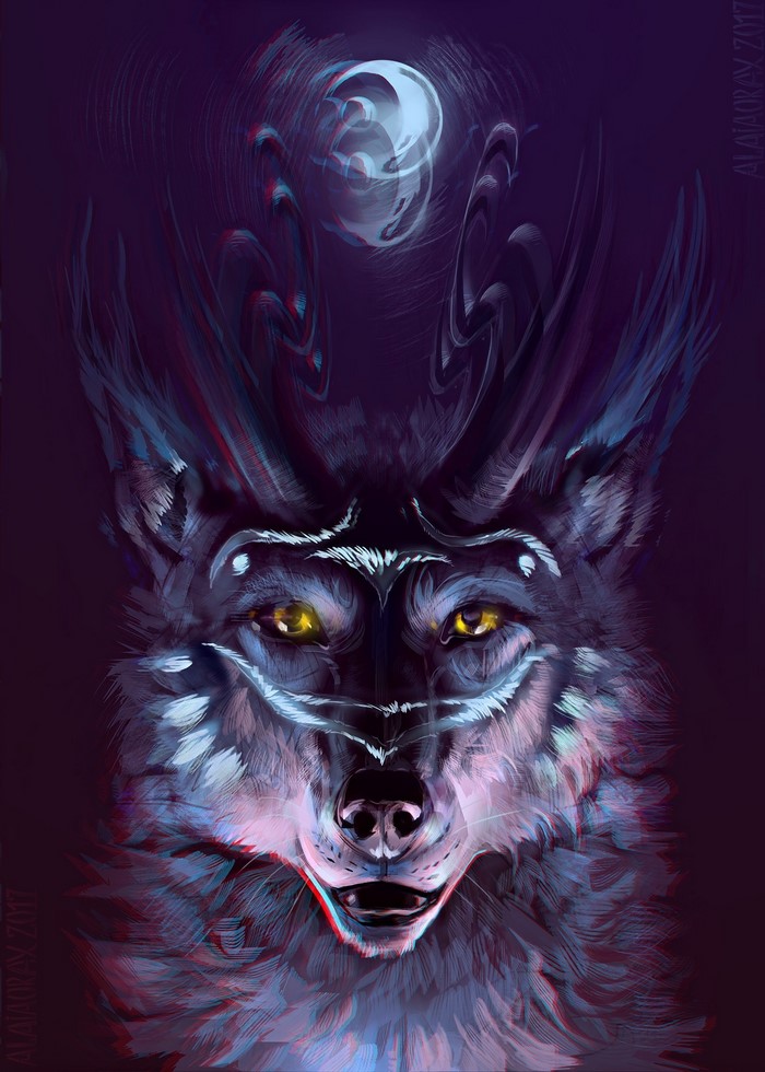 Digital painting of a wolf with glowing eyes and abstract elements