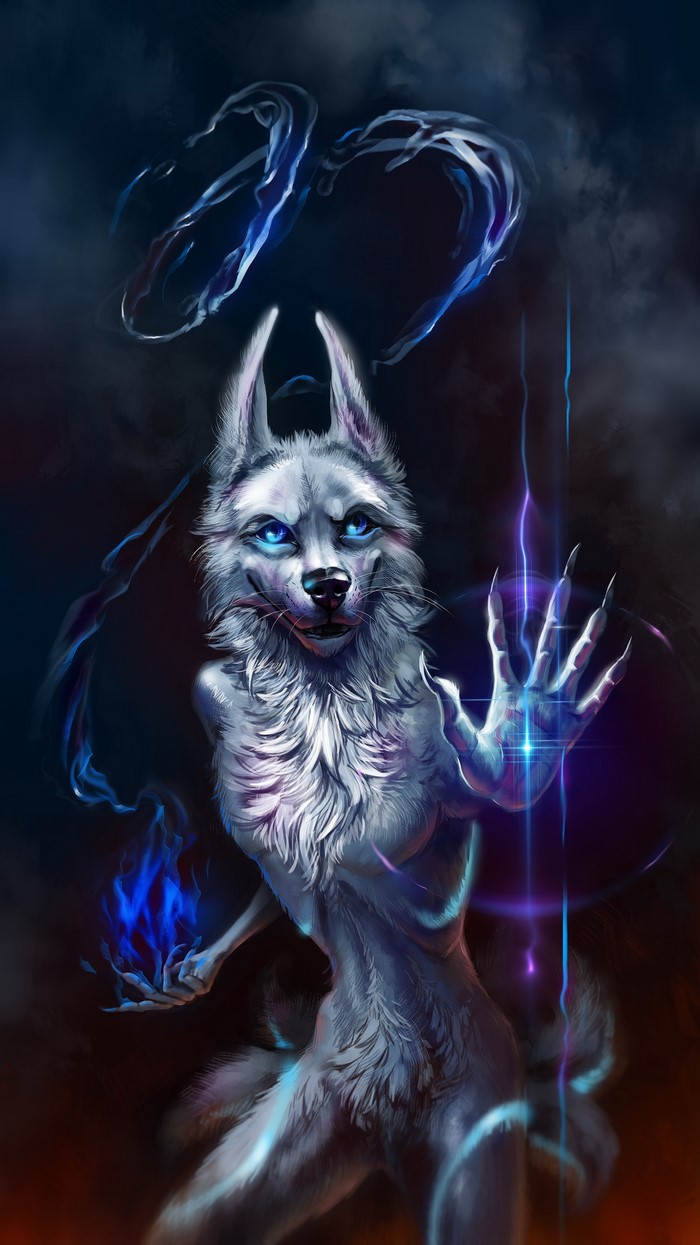Anthropomorphic wolf creature with blue magic