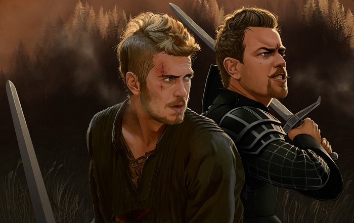 Two warriors with swords in a forest