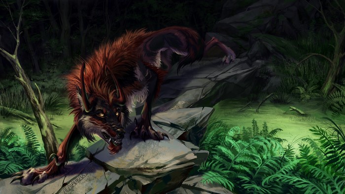 Monster wolf with horns in a dark forest