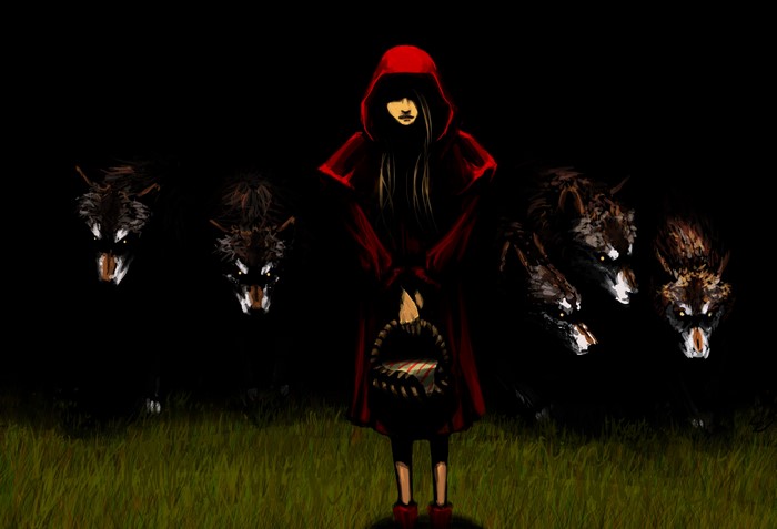 Little Red Riding Hood surrounded by wolves in the dark