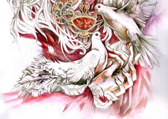Painting Art of Pigeons and Hands
