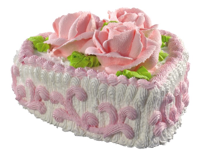 Heart-shaped cake with pink roses and white frosting