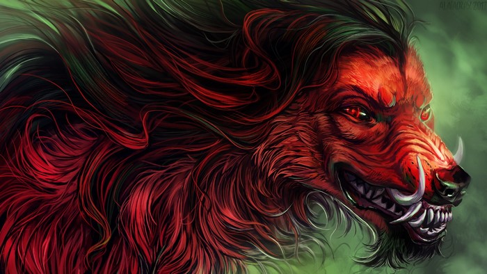 Red monster with tusks and glowing eyes