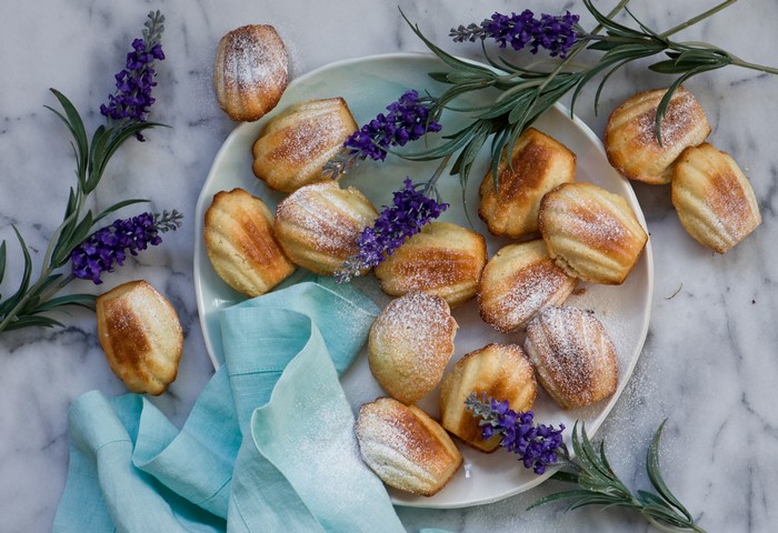 Madeleines on a plate with lavender