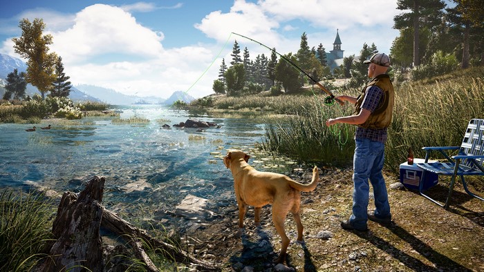 Man fishing with dog by lake in Far Cry 5