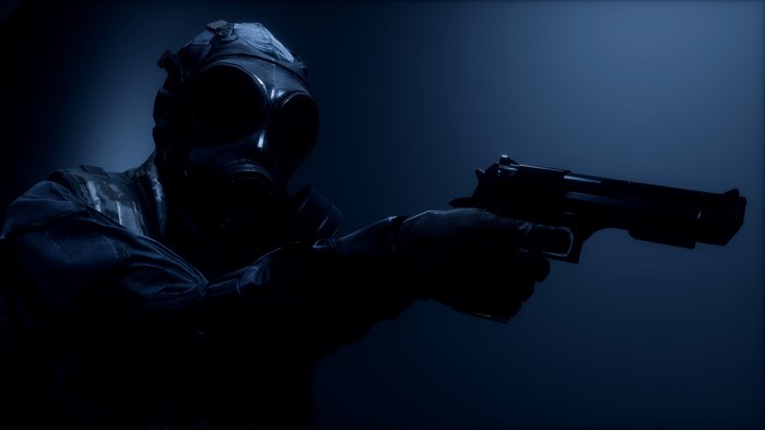 Soldier in gas mask holding a pistol