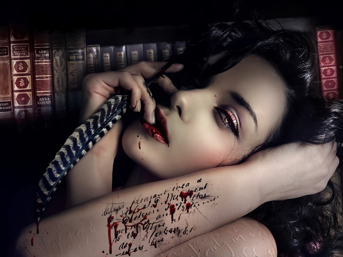 Gothic Fantasy Brunette Girl with Feather and Tattoo