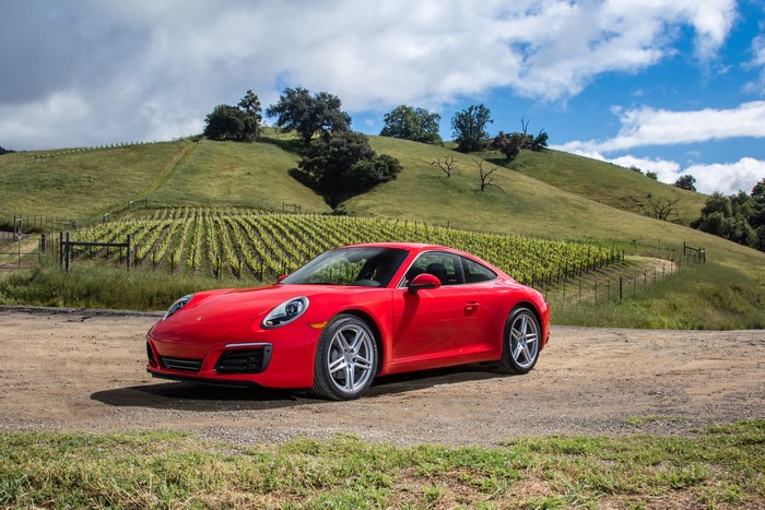 Red 2017 Porsche 911 Carrera Coupe in Vineyard