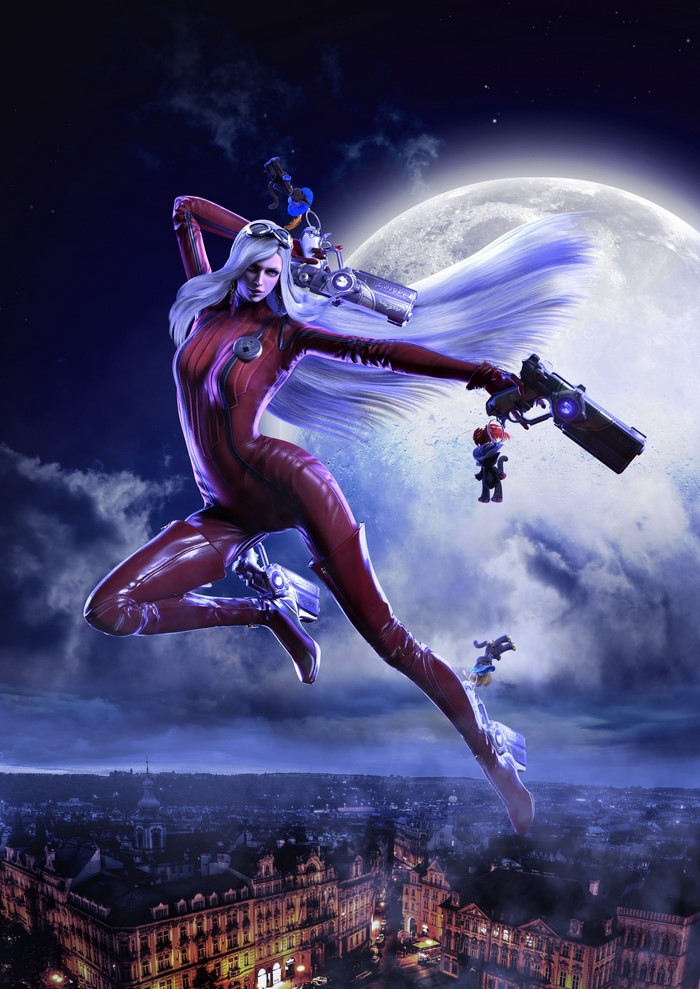 Jeanne from Bayonetta with pistols in front of the moon