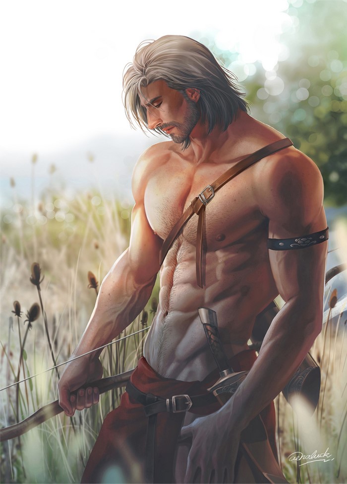 Shirtless warrior with bow and arrow in field