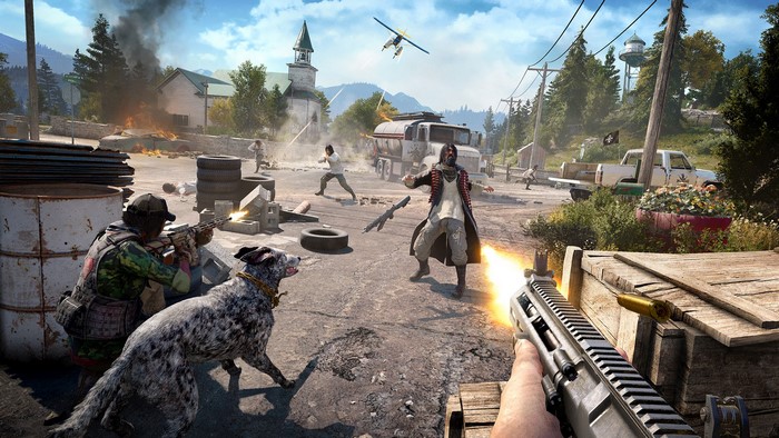 Far Cry 5: Assault rifle firing in a street fight