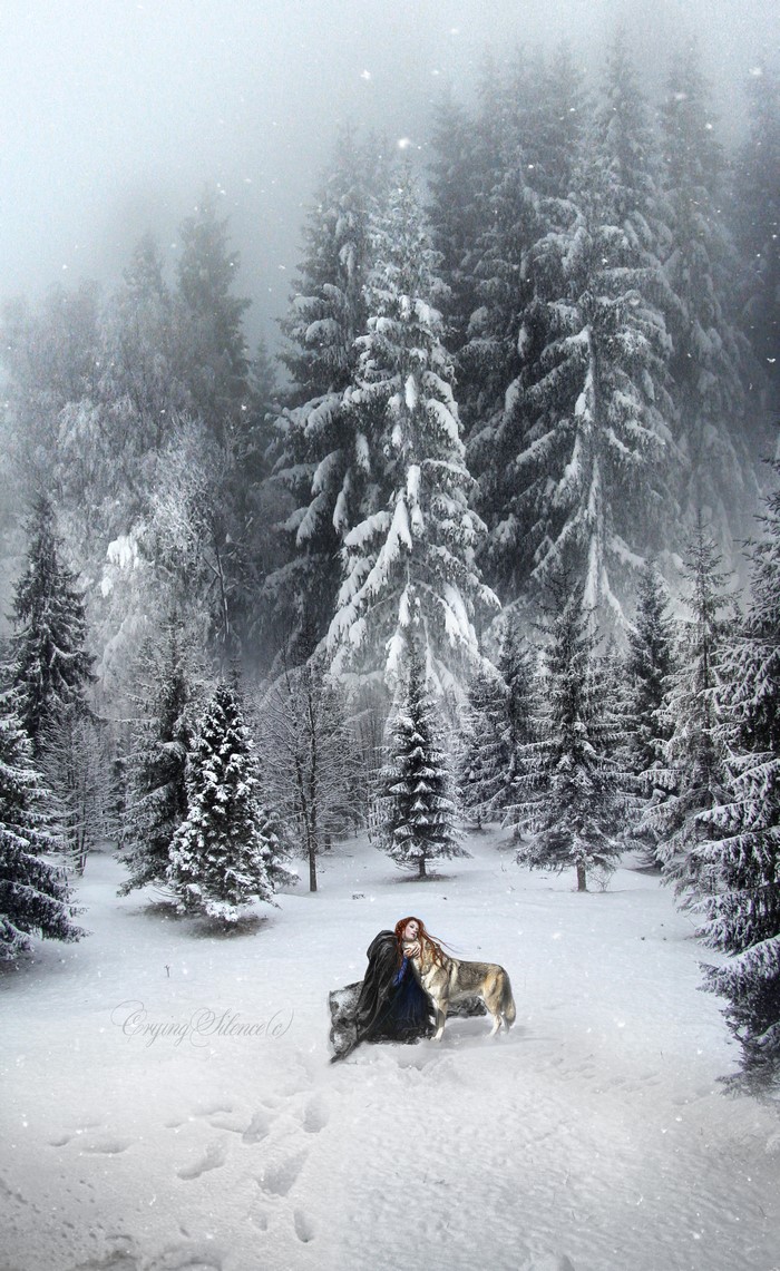 Woman and wolf in a snowy forest