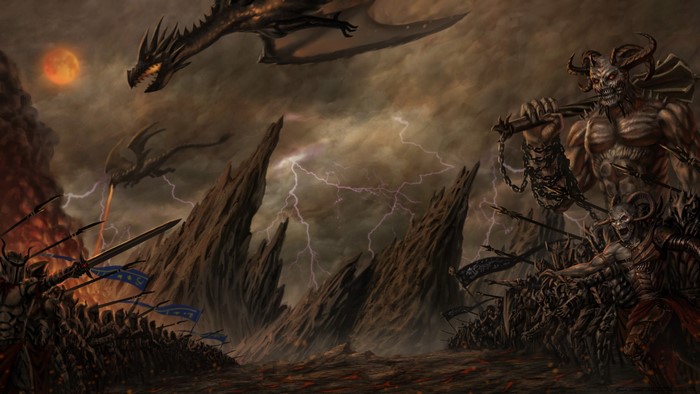 Demons and Dragons Battle with Armies