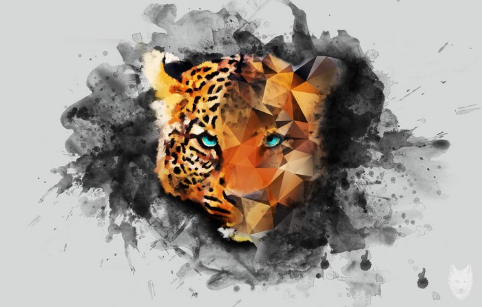 Geometric Leopard Face with Watercolor Splatter