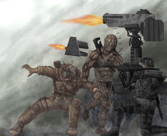 Soldiers in combat with futuristic weapons