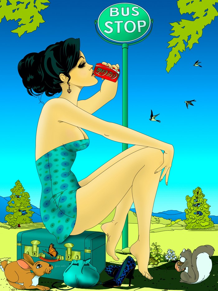 Brunette girl drinking Coca-Cola at bus stop
