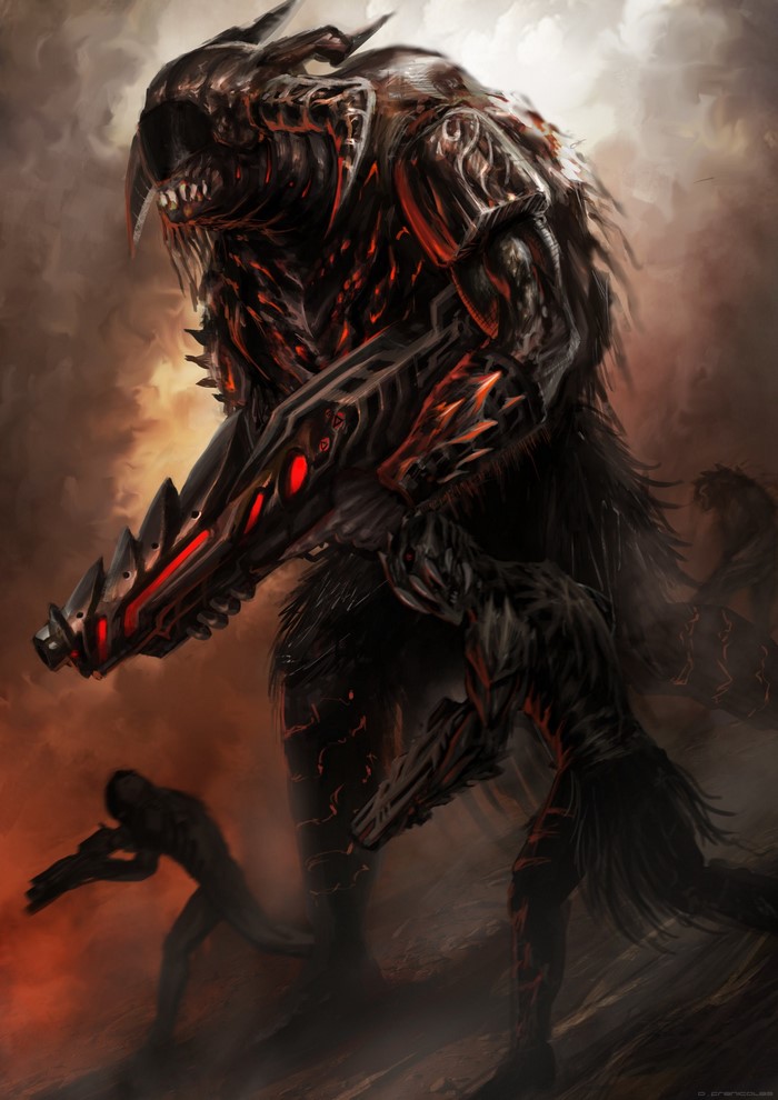 Monsters and warriors in a fiery landscape