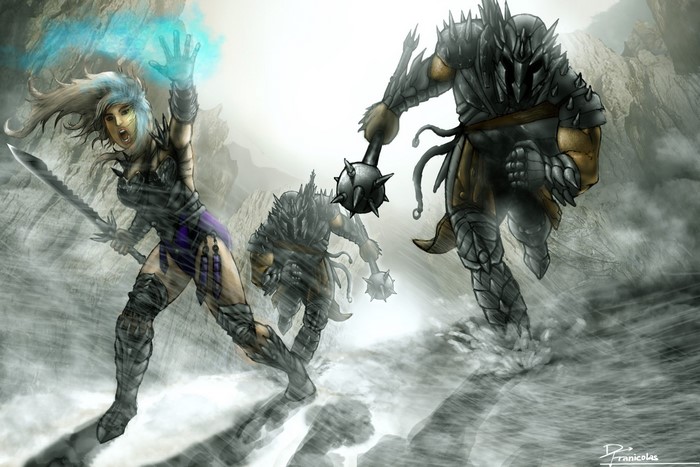Three armored warriors in a misty landscape