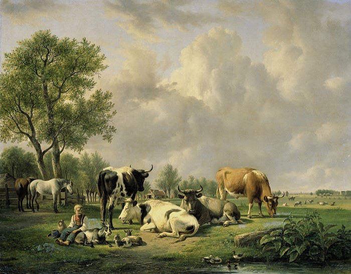 Meadow with cattle and a boy by Jan van Ravenswaay