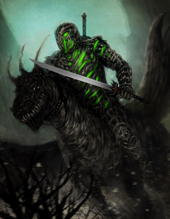 Warrior in glowing armor riding a dark creature with a sword