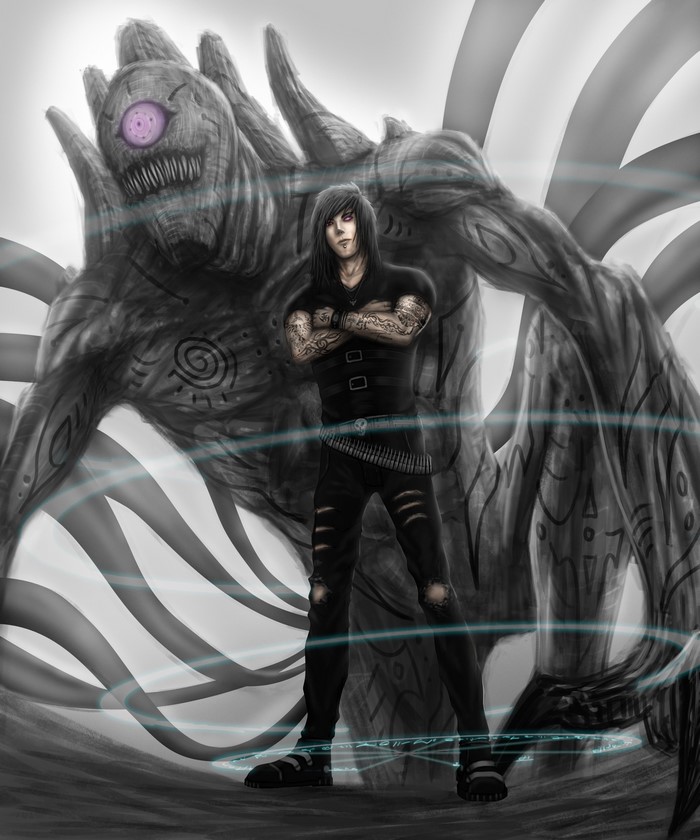 Man with a giant monster behind him