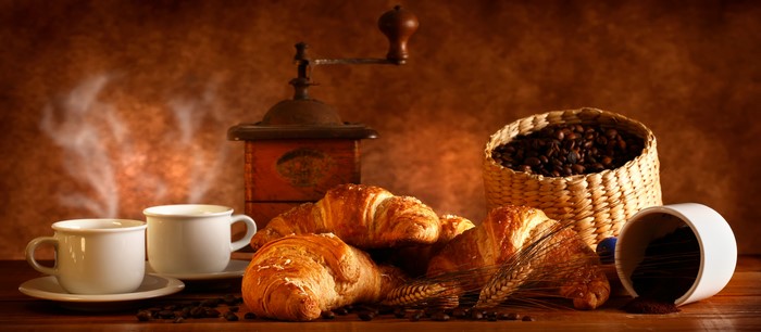 Coffee, Croissants, and Coffee Mill