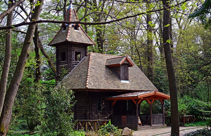 Wooden house with tower in a forest, Hungary