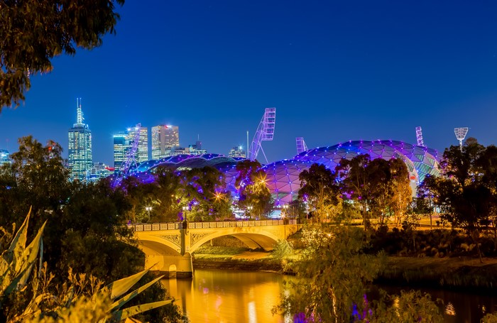 Melbourne Skyline with Stadium and Bridge at Night