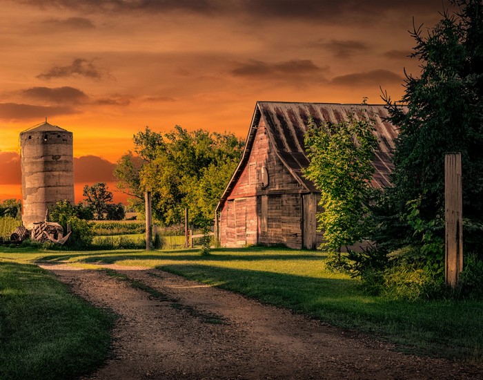 Barn and Silo at Sunset in Harris, Minnesota