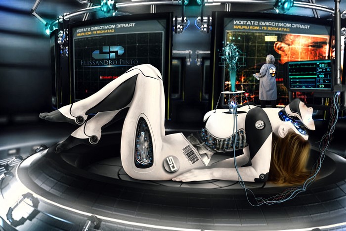 Robot lying in a futuristic laboratory