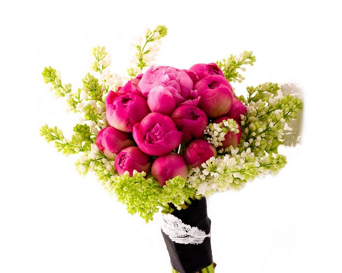 Bouquet of pink peonies and white lilac