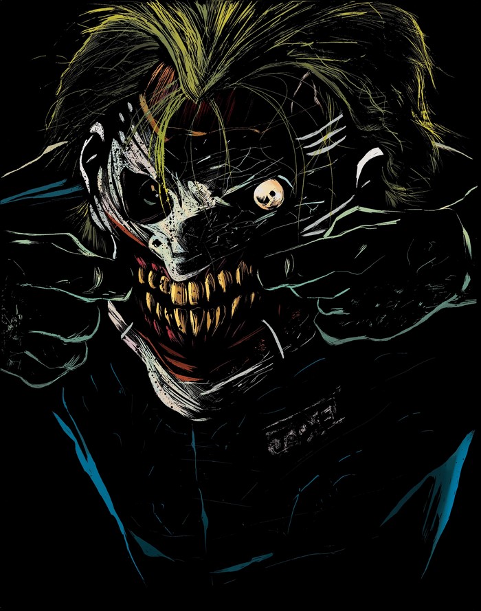 Horrifying Joker with sharp teeth on black background