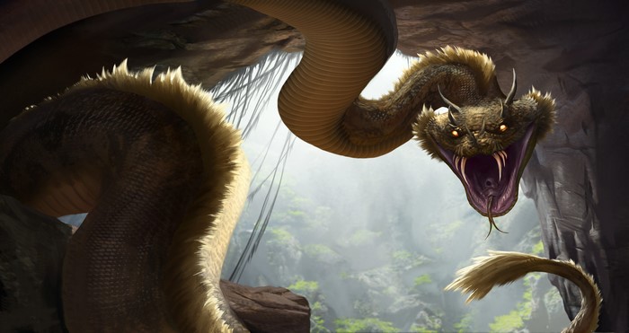 Giant snake with fangs roaring in a cave