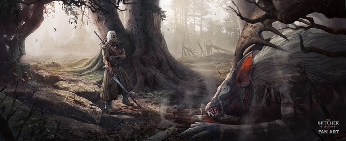 Geralt of Rivia from The Witcher 3: Wild Hunt with a slain monster