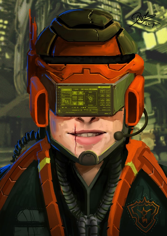 Pilot in orange and green helmet with HUD