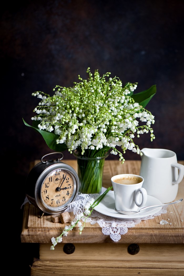 Vintage Clock with Lilies of the Valley and Coffee