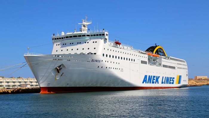 Anek Lines ferry Elyros docked at a marina