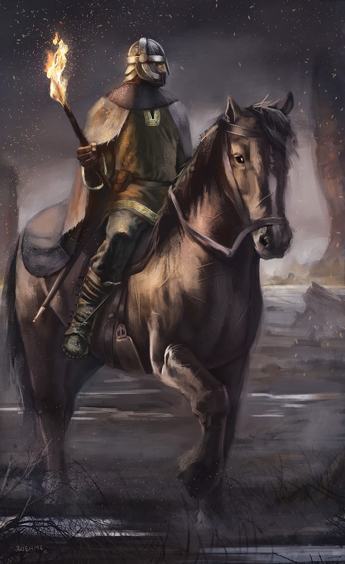 Warrior with torch on horseback in a dark landscape