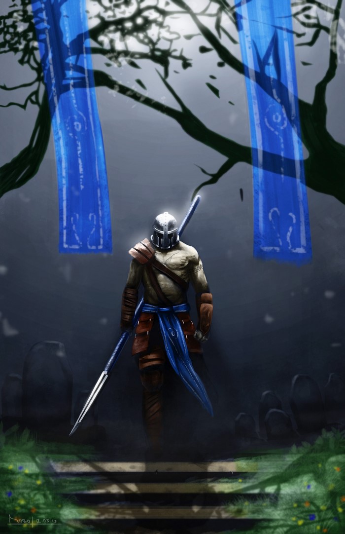 Warrior with spear and sword in a forest