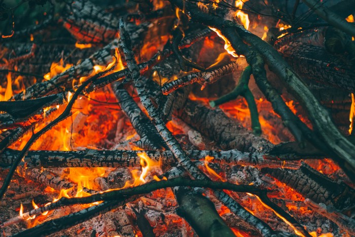 Close-up of a bonfire with smoldering branches
