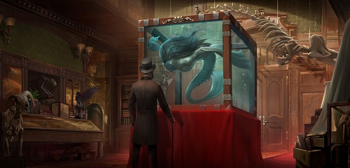 Man in top hat observes mermaid in museum tank