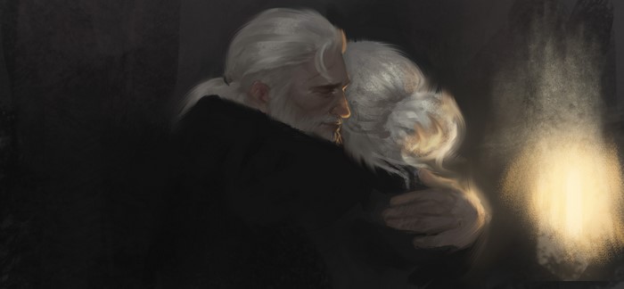 Geralt of Rivia from The Witcher 3: Wild Hunt embracing another